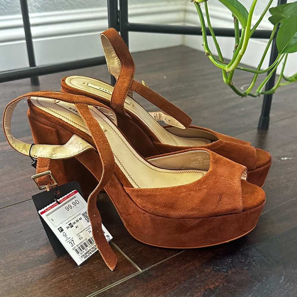 Brand new ZARA brown suede chunky heel platforms